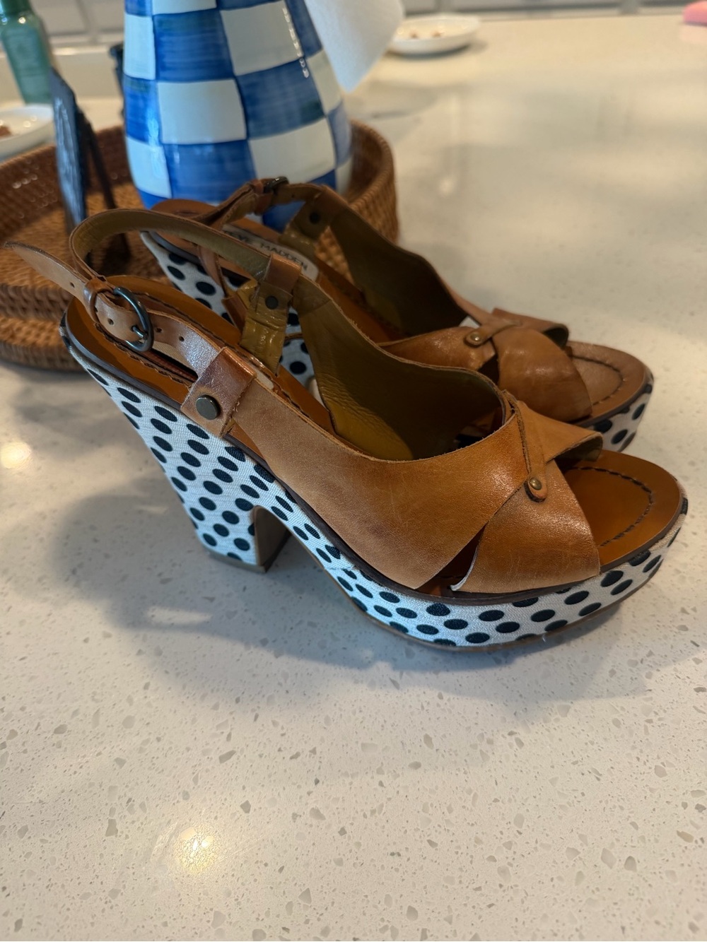 Steve Madden Women’s Leather Polka Dot Platform Heels 8 Y2K Boho Chunky 90s